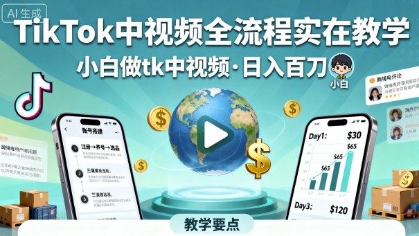 TikTok中视频全流程实操教学,小白做tk中视频,日入百刀-邪修侠学院