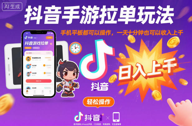 抖音手游拉单玩法，手机平板都可以操作，一天十分钟也可以收入上K【揭秘】-邪修侠学院