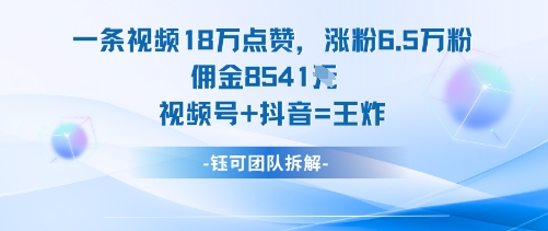 一条视频18W点赞,涨粉6.5W粉佣金8541米,视频号+抖音=王炸-邪修侠学院