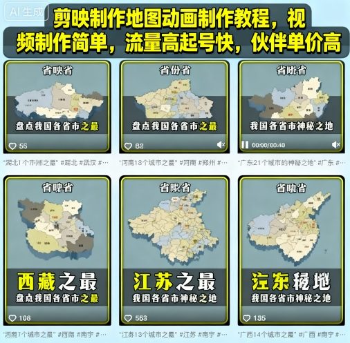 剪映制作地图动画制作教程,视频制作简单,流量高起号快,伙伴单价高-邪修侠学院