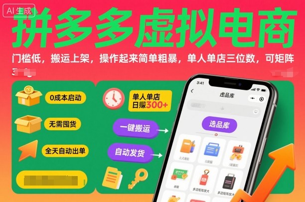 拼多多虚拟电商，门槛低，搬运上架，操作起来简单粗暴，单人单店三位数，可矩阵-邪修侠学院