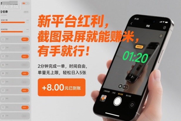 新平台红利，截图录屏就能賺米，有手就行！2分钟完成一单，时间自由，单量无上限，轻松日入5张【揭秘】-邪修侠学院