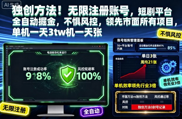 独创方法!无限注册账号,短剧平台全自动掘金,不惧风控,领先市面所有项目,单机一天3张【揭秘】-邪修侠学院
