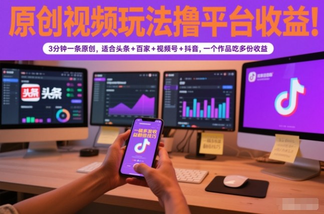 原创视频玩法撸平台收益,3分钟一条原创,适合头条+百家+视频号+抖音,一个作品吃多份收益-邪修侠学院