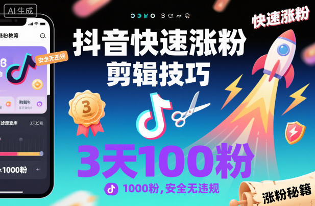 抖音快速涨粉剪辑技巧，3天1000粉，安全无违规-邪修侠学院