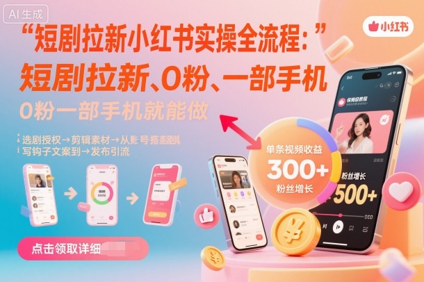 短剧拉新小红书实操全流程，0粉一部手机就可以做，详细教程-邪修侠学院