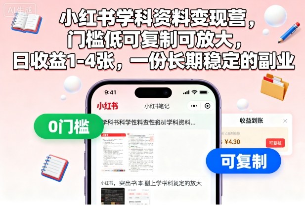 小红书学科资料变现营,门槛低可复制可放大,日收益1-4张,一份长期稳定的副业-邪修侠学院