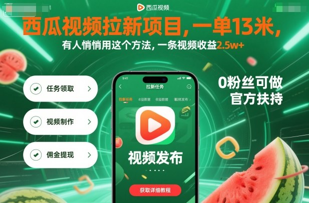 西瓜视频拉新项目,一单13米,有人悄悄用这个方法,一条视频收益2.5w+(附详细教程)-邪修侠学院