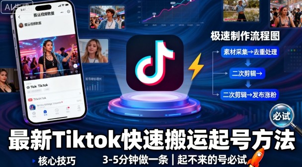 最新Tiktok快速搬运快速起号方法,3-5分钟做一条,起不来的号可以试试-邪修侠学院