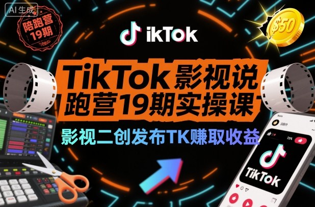 TikTok影视解说陪跑营19期实操课，影视二创发布TK賺取收益，万播收益50美金(更新)-邪修侠学院