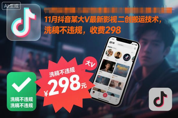 11月抖音某大V最新影视二创搬运技术,洗稿不违规,收费298-邪修侠学院