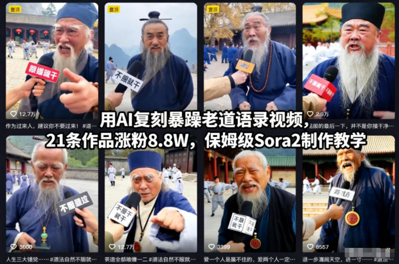 用AI复刻暴躁老道语录视频,21条作品涨粉8.8W,保姆级Sora2制作教学-邪修侠学院