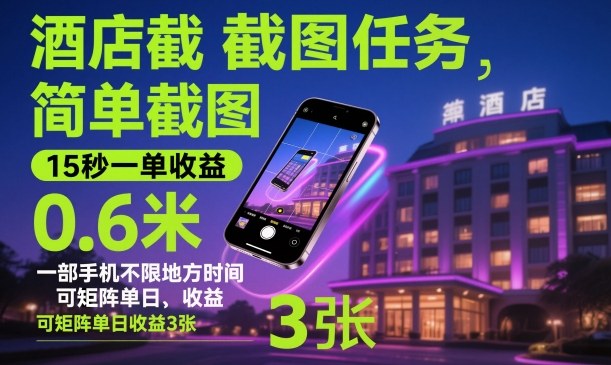 酒店截图任务,简单截图,15秒一单收益0.6米,一部手机不限地方时间,可矩阵单日收益3张【揭秘】-邪修侠学院