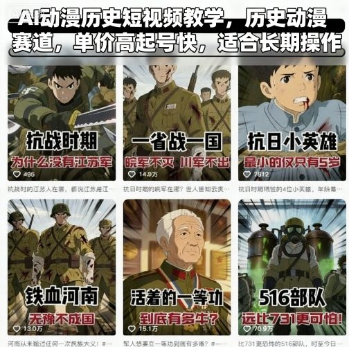 AI动漫历史短视频教学,历史动漫赛道,单价高起号快,适合长期操作-邪修侠学院