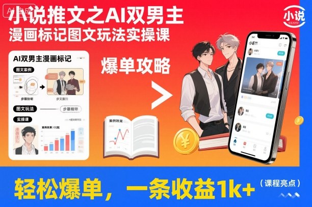 小说推文之AI双男主漫画标记图文玩法实操课,轻松爆单,一条收益1k+-邪修侠学院