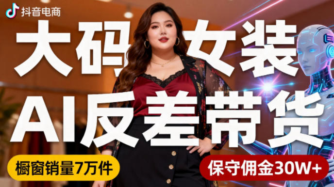 抖音小众赛道,大码女装AI反差带货,不用直播,每天6条作品,橱窗卖7万件,保守佣金30W+-邪修侠学院