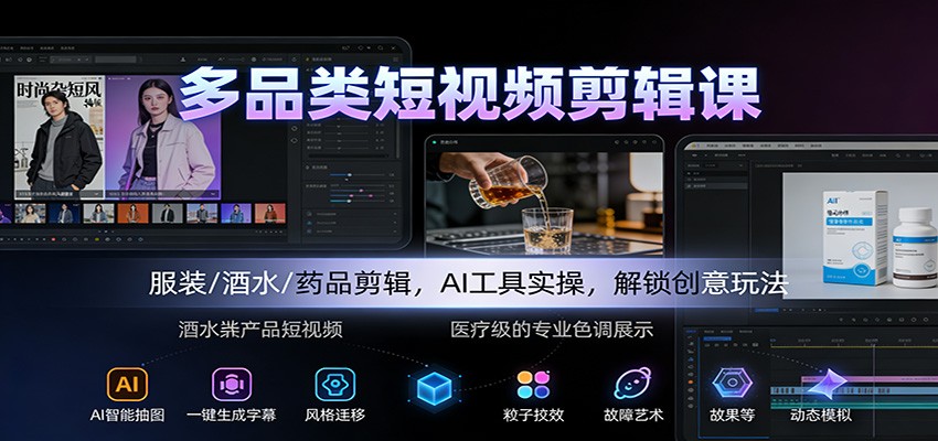 多品类短视频剪辑课：服装/酒水/药品剪辑，AI工具实操，解锁创意玩法-邪修侠学院
